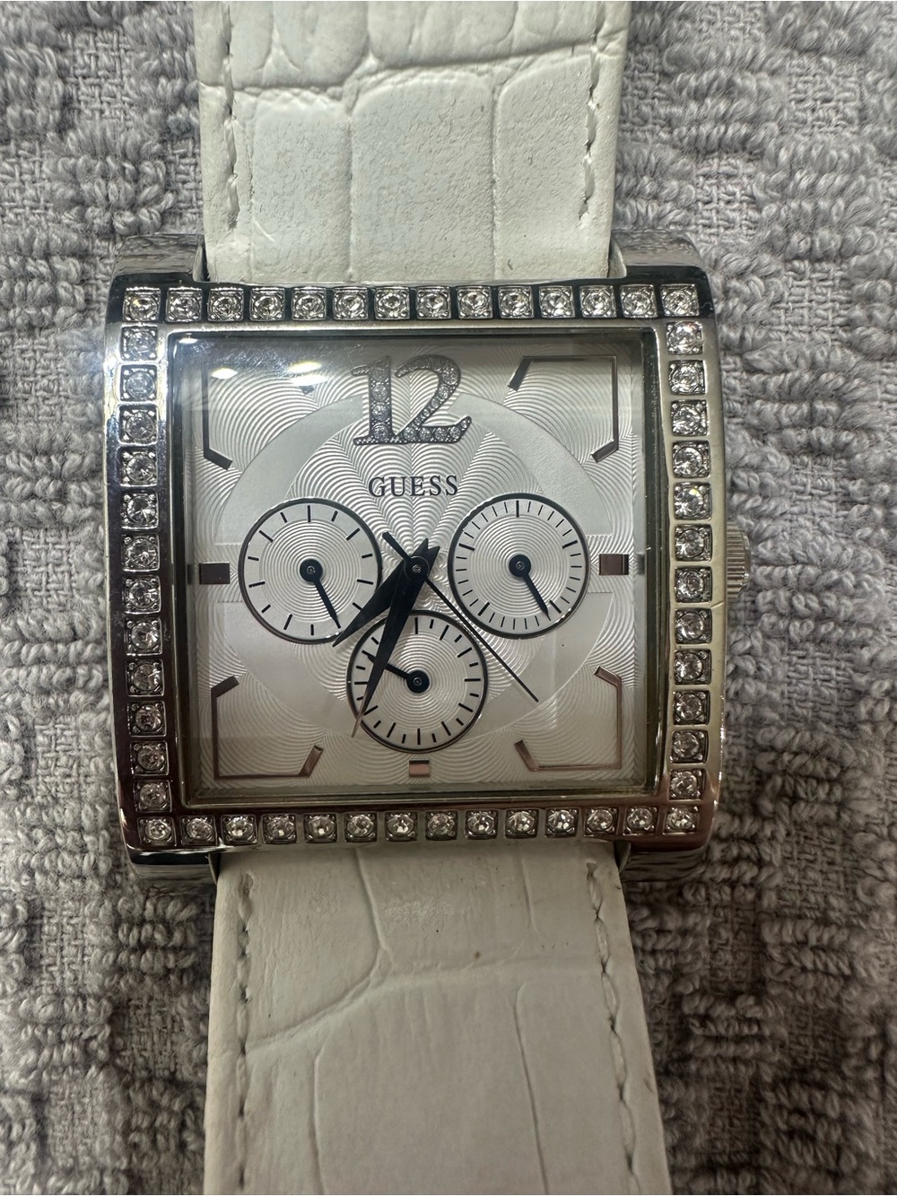 GUESS White Crystal-Trim Square Chronograph Watch With Leather Band